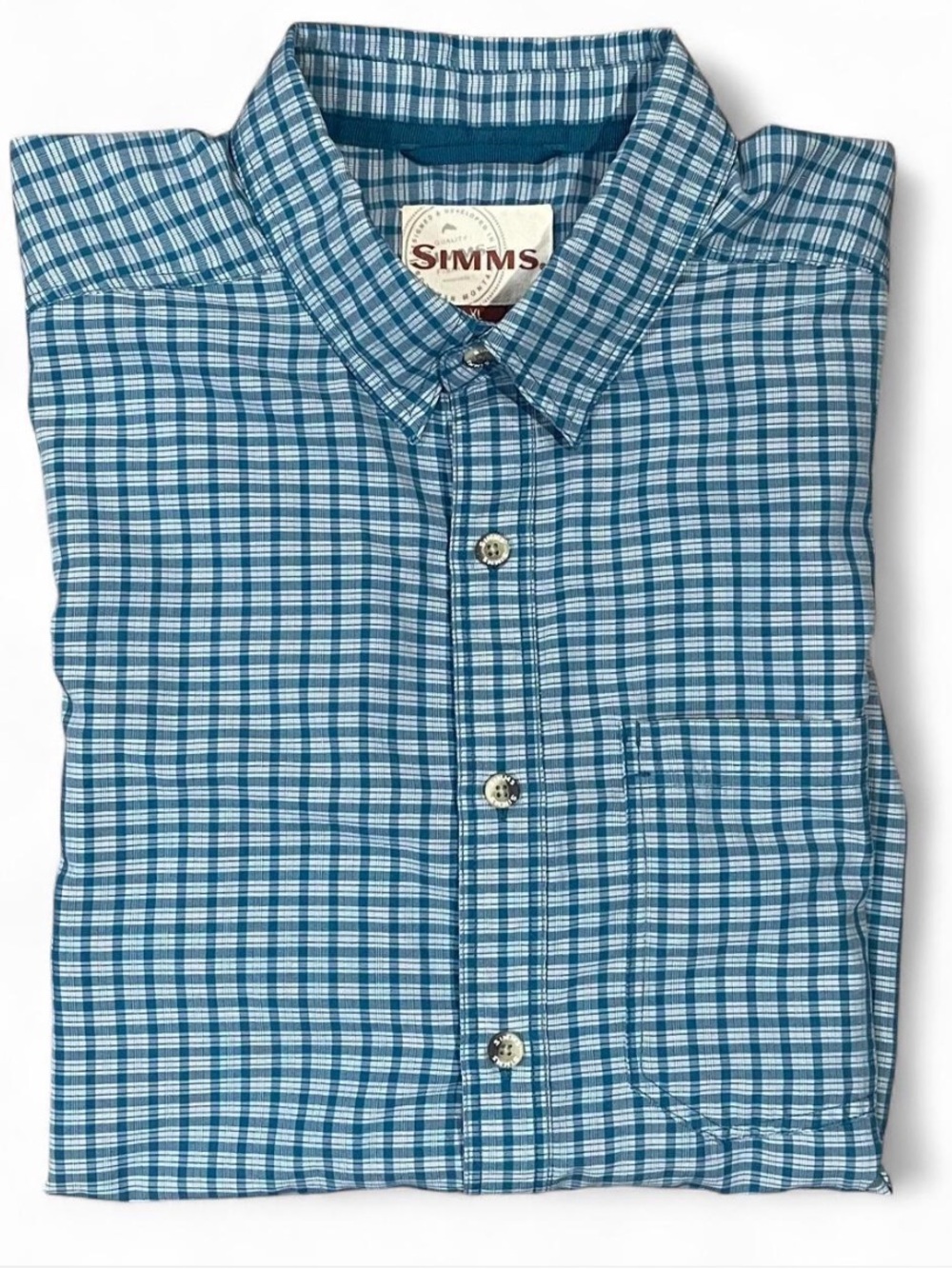 Simms Fishing Short Sleeve Transit Button Shirt Mens Size XL Teal Plaid UPF 50